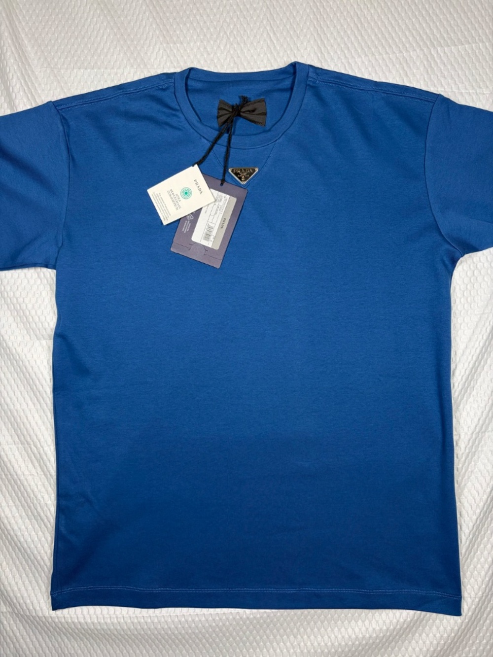AUTHENTIC PRADA MEN'S BLUE COTTON TRIANGLE METAL LOGO T-SHIRT SMALL OVERSIZED - Picture 3 of 7